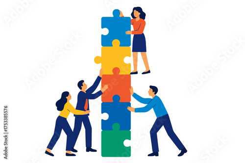 Business team stacking colorful puzzle pieces for success and cooperation