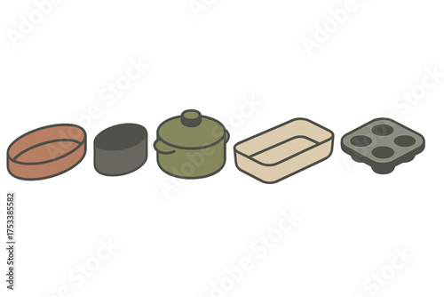 Isometric set of assorted cooking and baking containers for kitchen use