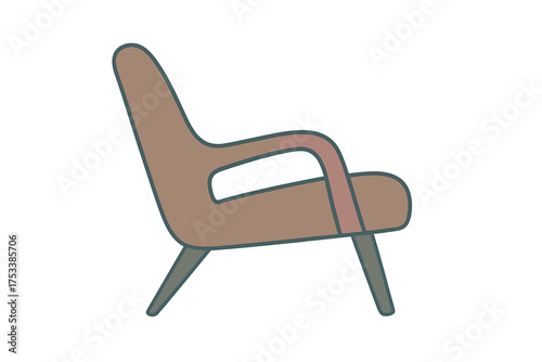 Stylish mid-century modern lounge chair with curved back and armrests isolated on white