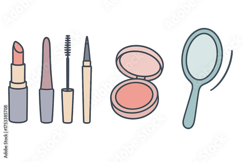 Collection of essential beauty products including lipstick mascara blush and hand mirror