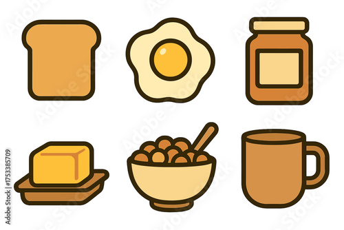 Collection of essential breakfast items: toast, fried egg, cereal, coffee, jam, and butter