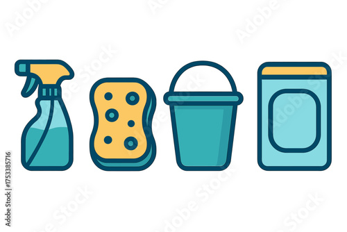 Set of cleaning supplies including spray bottle, sponge, bucket, and detergent container