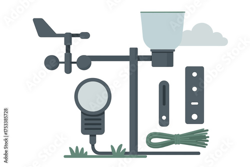 Disassembled parts of a modern home weather station kit with sensors and rain gauge