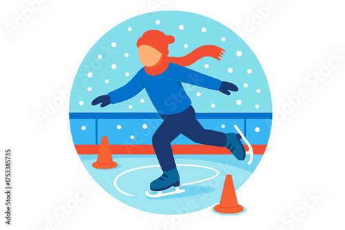 Person ice skating on an outdoor rink wearing a hat and scarf during a snowy winter day