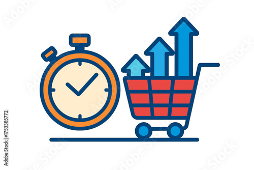 Stopwatch and shopping cart with upward arrows representing rapid business growth and efficiency