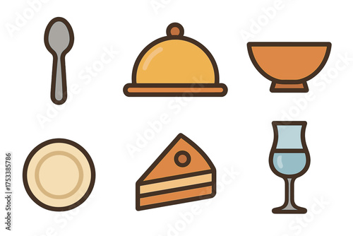 Minimalist set of food service tableware elements including dessert, drinkware, and cutlery