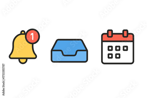 Essential application icons set featuring notification bell, inbox tray, and calendar symbol