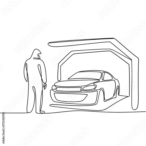 Artist s continuous line drawing of a person in a protective suit and a car inside a spray booth