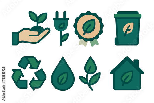 Set of icons for environmental sustainability featuring recycling, renewable energy, and eco-friendly living