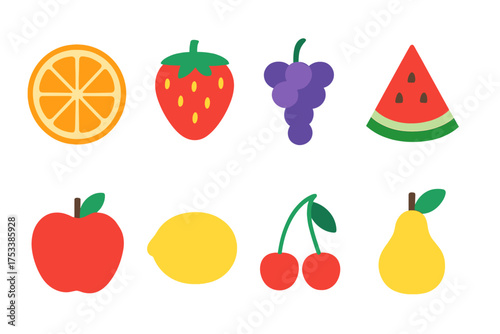 Colorful icons of fresh fruits and berries including apple orange strawberry grapes and pear