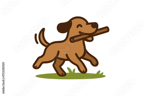 Happy brown puppy dog running and playing fetch with a stick on grass