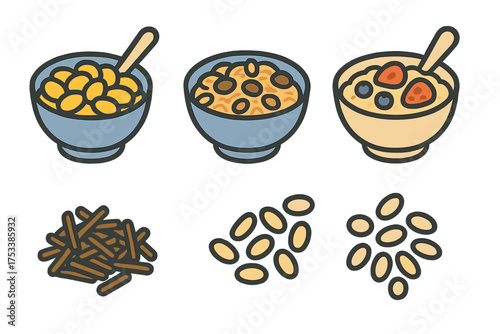 Collection of breakfast bowls with cereal, porridge, and assorted dry grains