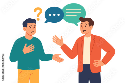 Confused man listening to another person talking with speech bubbles