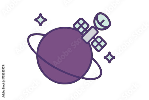 Stylized communication satellite orbiting a purple ringed planet in deep space