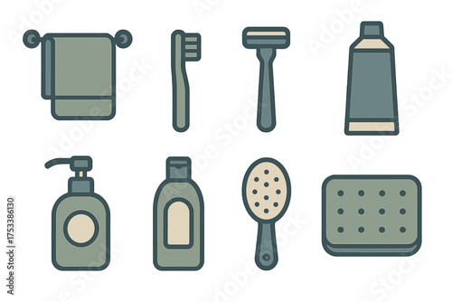Essential bathroom hygiene and grooming icons in muted color palette