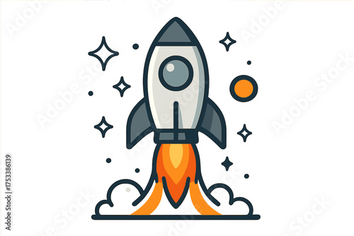 Cartoon rocket ship launching with fire and stars