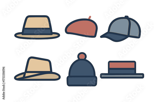 Six different headwear icons including fedora beret and baseball cap