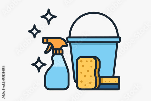 Household cleaning supplies set with spray bottle bucket and sponges icon