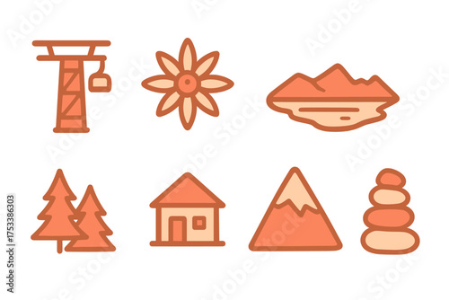 Stylized icons representing nature and travel elements for a mountain resort theme