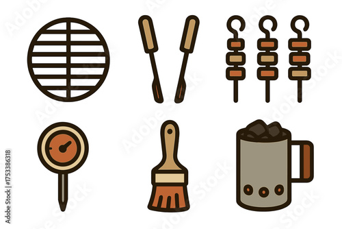 Set of barbecue cooking tools and grilling accessories icons