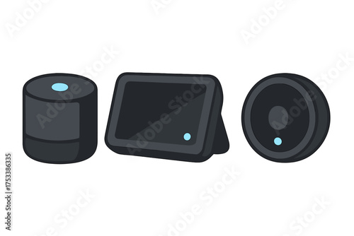 Smart home devices collection featuring speaker, display, and circular hub