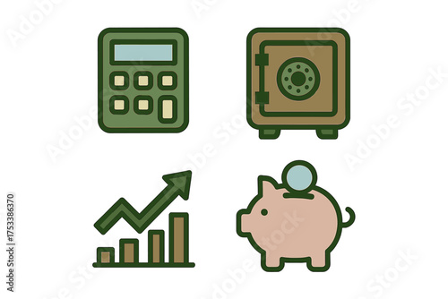 Set of financial icons featuring calculator safe growth chart and piggy bank