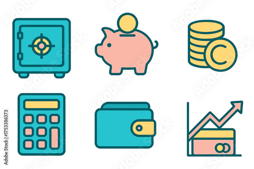 Financial services icons featuring safe, currency, calculator, and investment growth charts