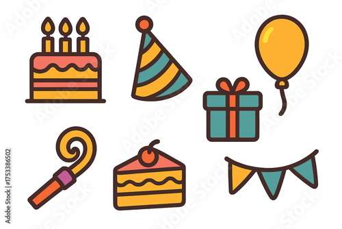 Colorful icons representing birthday celebration and party elements