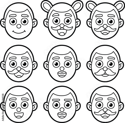 Collection of stylized cartoon face outlines expressions and character variations