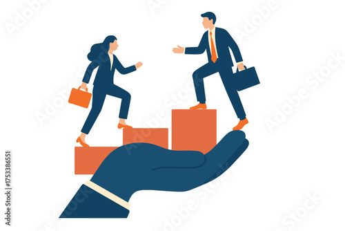Business people climbing steps held by supportive hand for career growth