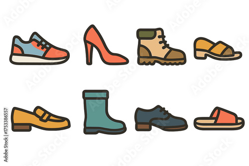 Colorful assortment of footwear icons: sneakers, high heels, boots, and sandals