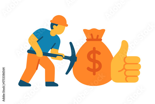 Miner with pickaxe finds large money bag and gives thumbs up sign