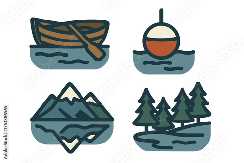 Outdoor recreation and nature icons: boat, fishing float, mountains, and forest elements