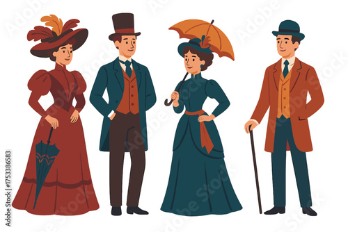 Victorian era couples in formal historical clothing and accessories