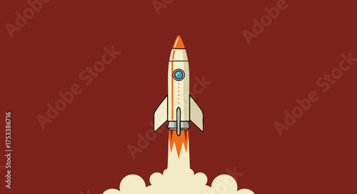Rocket ship launching into space with fiery exhaust against a red background art