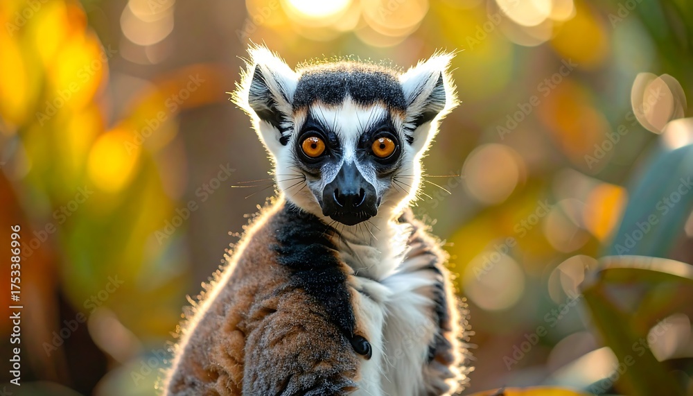 Naklejka premium A ring-tailed lemur gazes directly at the camera, with intense orange eyes. The animal is centered. Soft sunlight filters around the animal