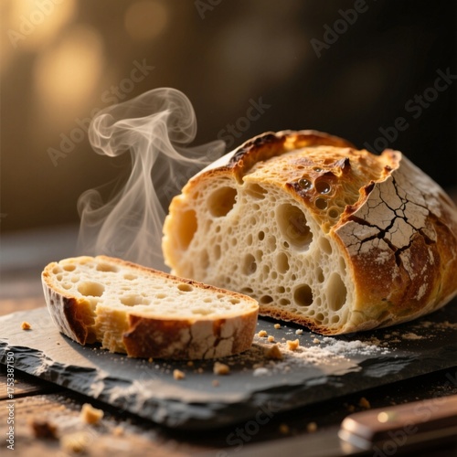 Delicioso pan artesanal recién sacado del horno, con una corteza dorada y crujiente, miga aireada y humo ascendente que evoca su frescura. Ideal para conceptos de cocina, panadería y comida casera