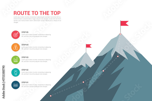 mountain infographic path with flags representing steps to success and achievement