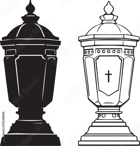 Cremation urns vector in black and white with cross symbol, memorial theme for funeral and remembrance