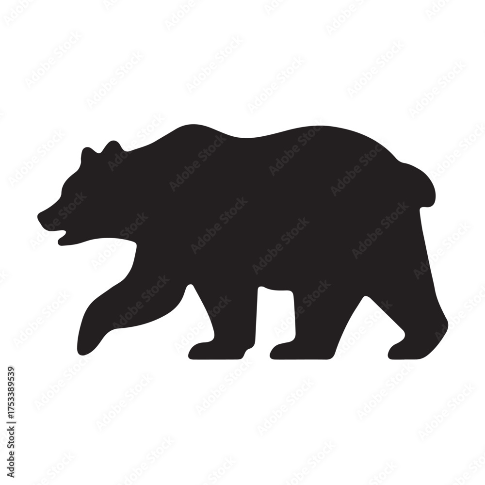Fototapeta premium TLE: Bold black bear silhouette walking in profile. Simple vector graphic icon of a wild animal with a lifted paw
