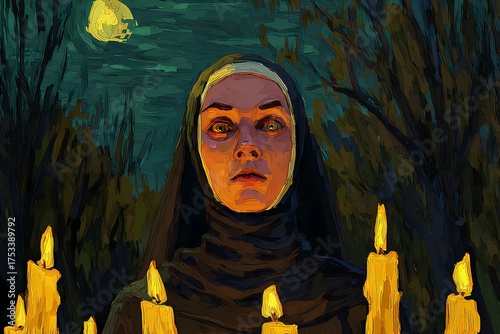 A haunting Slavic nun stands in silence, her presence bridging faith, myth, and the darker side of spirituality.