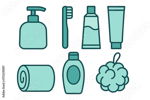 Essential personal hygiene and bathroom items featuring soap, toothpaste, and loofah