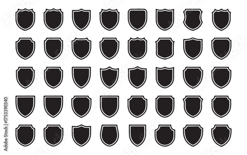 Collection of diverse black shield silhouettes displayed in a grid pattern offering a variety of shapes and styles