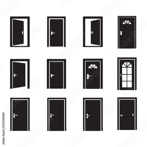Collection of diverse black silhouette door designs featuring various styles including open closed and windowed front entryways