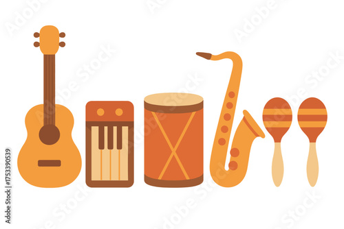 Assortment of musical instruments featuring guitar, keyboard, drum, saxophone, and maracas