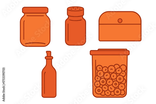 Collection of orange kitchen storage containers, jars, bottles, and boxes for food packaging