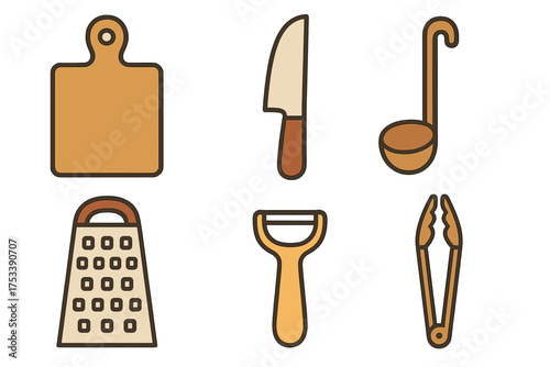 Set of essential cooking tools and kitchen utensils including knife, cutting board, ladle, grater, peeler, and tongs