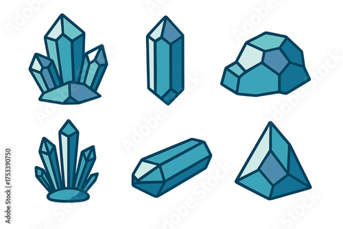 Collection of stylized blue crystals and geometric mineral formations on white background
