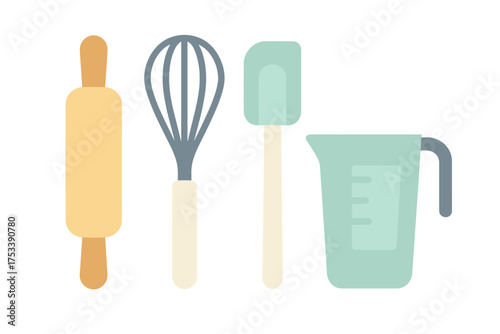 Essential kitchen tools for baking and cooking preparation: rolling pin, whisk, spatula, and measuring cup