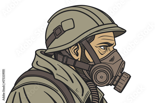 Man Wearing Gas Mask and Helmet Showing a Serious Profile